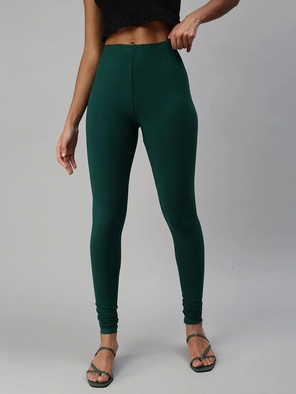 Cotton Lycra   Prisma Bottle Green Churidar Leggings.
